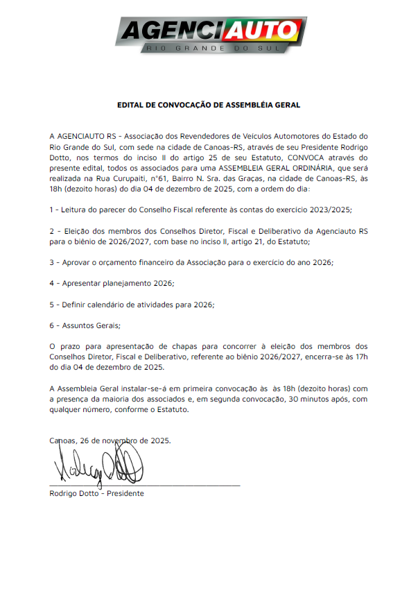 Edital de Convocação para Assembleia, devidamente corrigido e atualizado, incluindo a informação sobre o prazo para apresentação de chapas para concorree a eleição, referente ao biênio 2026/2027.